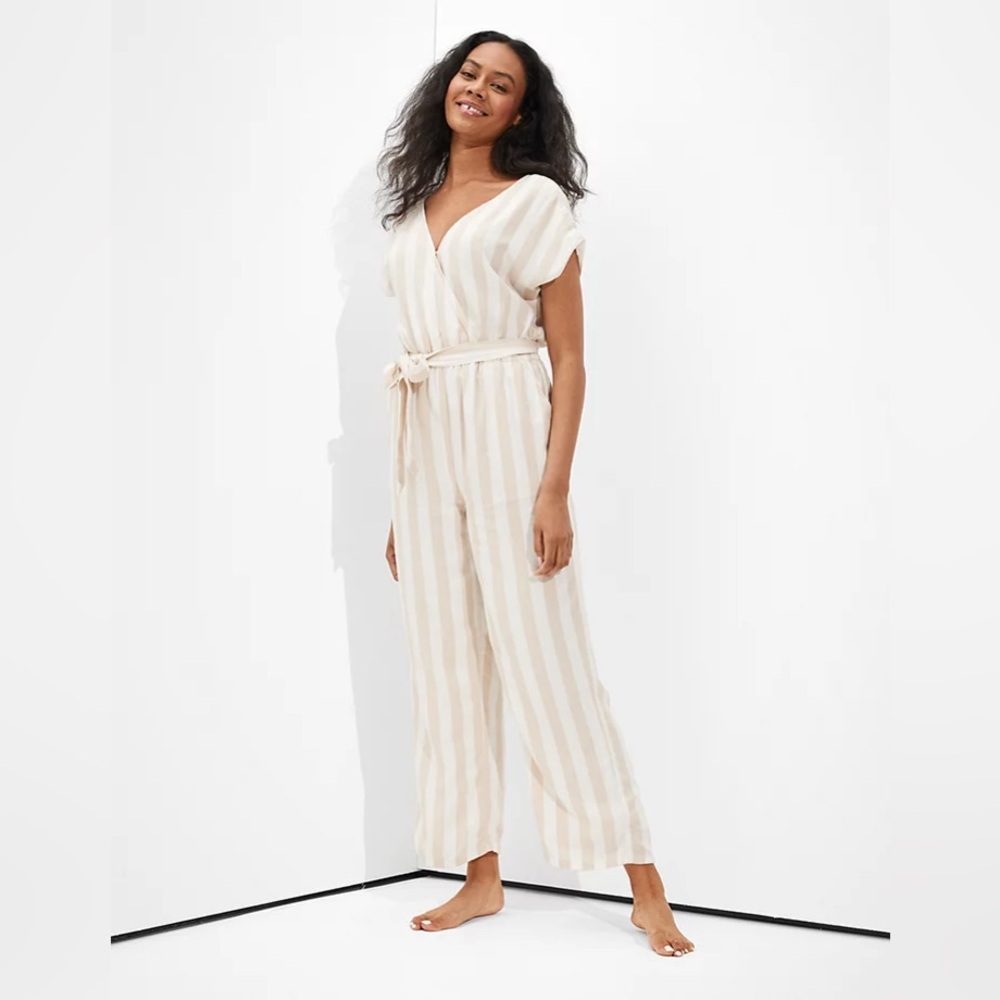 American Eagle Striped Wrap-Front Jumpsuit